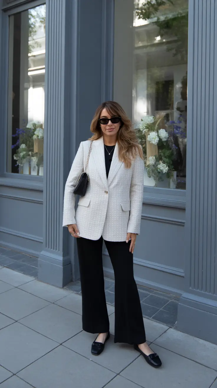 trendy old money spring outfits 2026 - Ivory Tweed Blazer And Black Trousers City Poise