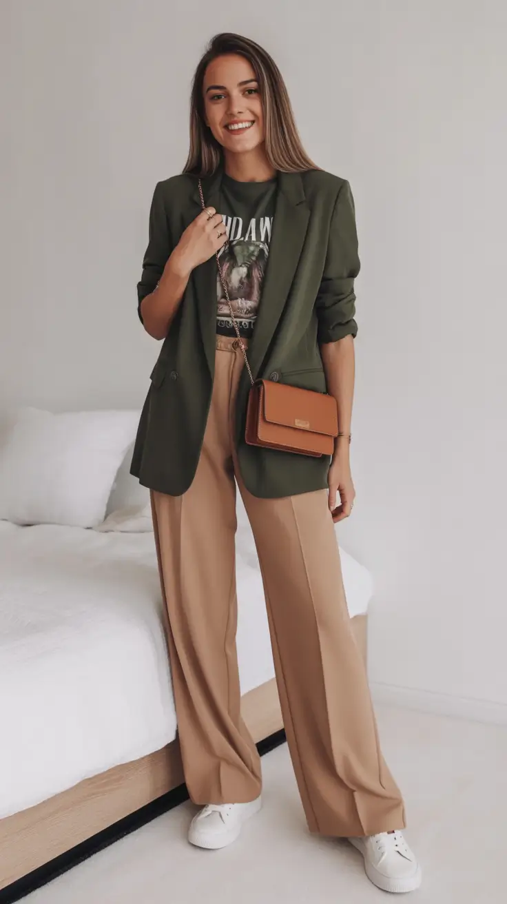 chic sneakers spring outfit 2026 - Olive Blazer And Wide Leg Pants For Sneaker Smart Energy