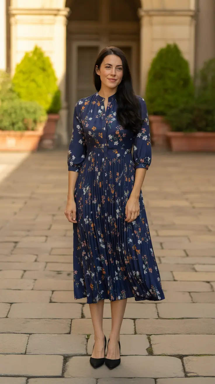 elegant spring birthday outfit 2026 - Navy Floral Dress With Quiet Romance