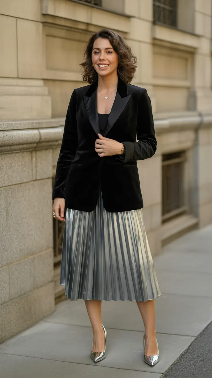 elegant spring birthday outfit 2026 - Silver Pleats And A Tuxedo Blazer For Modern Elegance