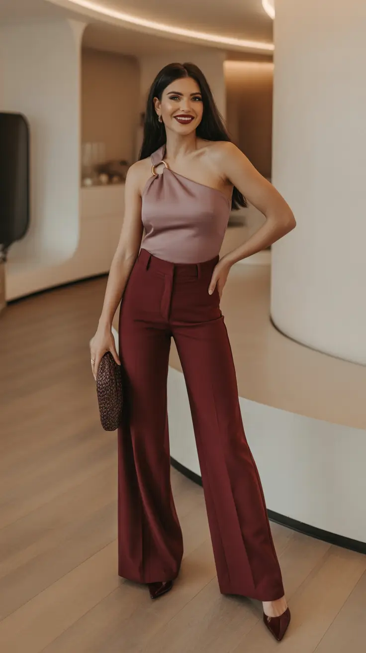 elegant spring birthday outfit 2026 - One Shoulder Satin And Wine Toned Wide Legs