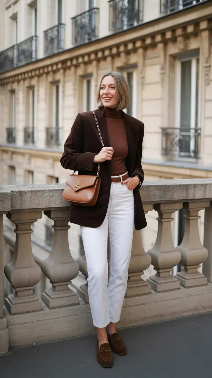 trendy spring blazer outfits 2026 Chocolate Blazer With White Denim And Loafers