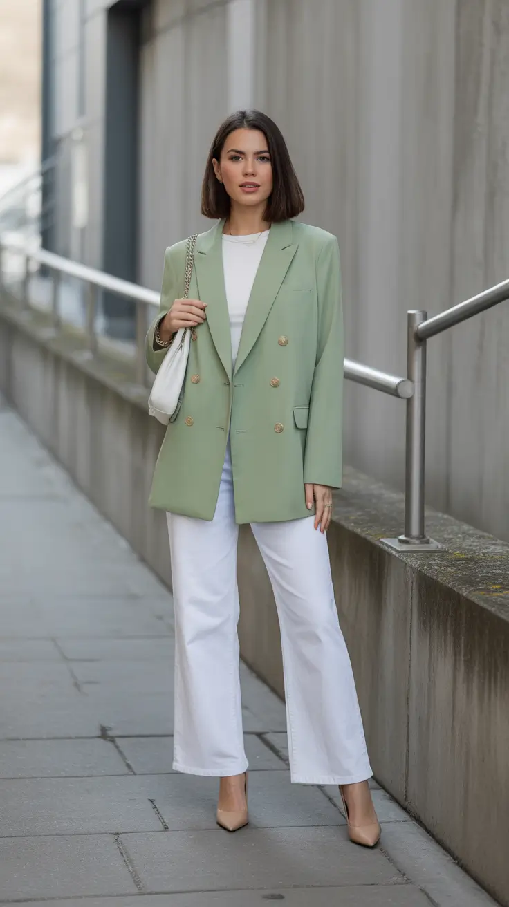trendy spring blazer outfits 2026 Sage Double Breasted Blazer With White Wide Leg