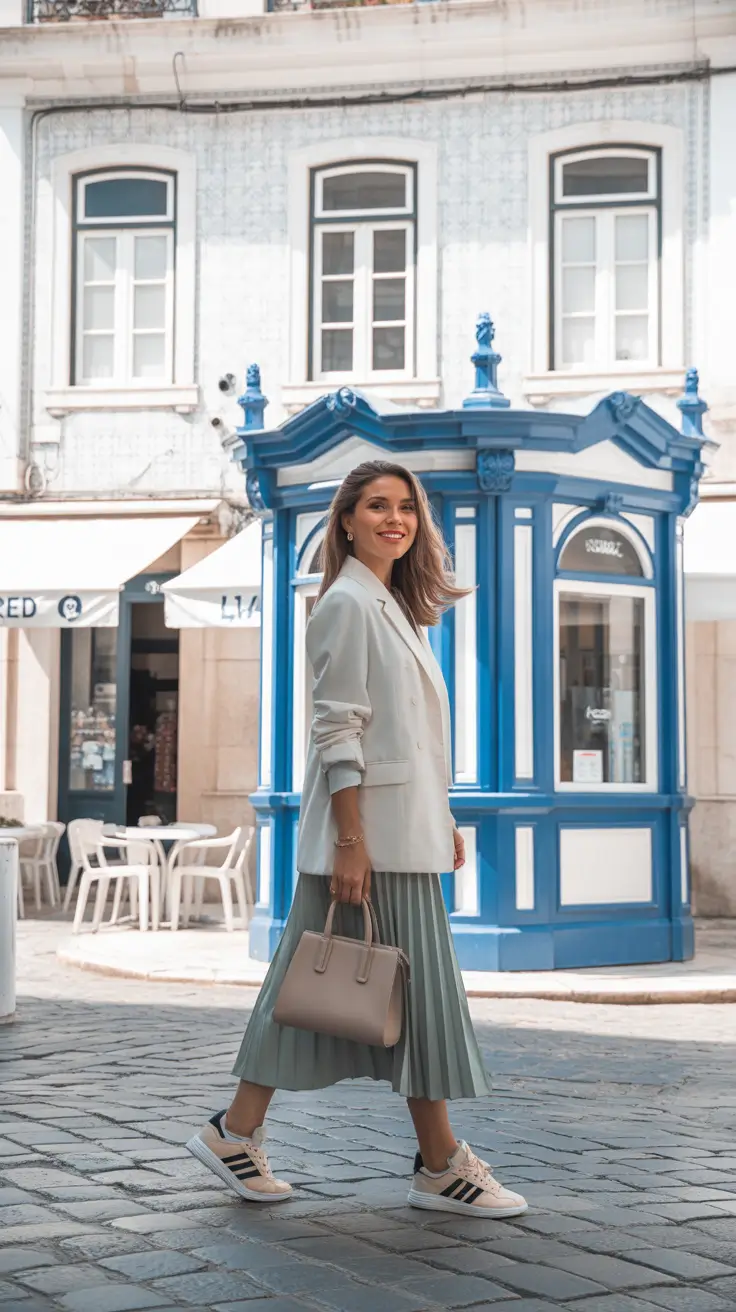 trendy spring blazer outfits 2026 Light Blazer With Pleated Midi And Sneakers