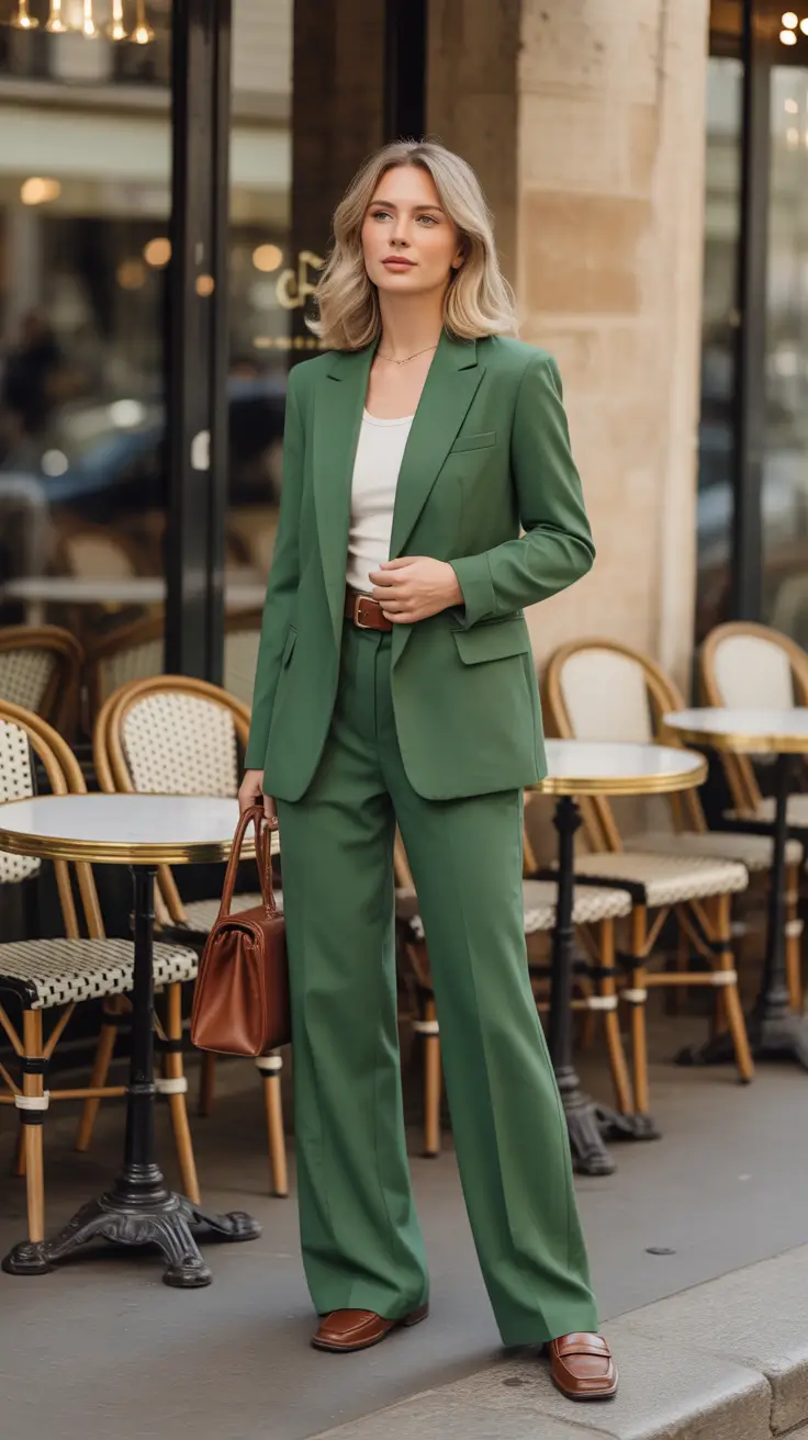 trendy spring blazer outfits 2026 Emerald Suit With White Tank And Brown Accessories