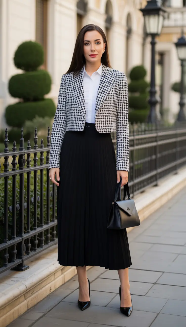 trendy spring blazer outfits 2026 Cropped Houndstooth Blazer With Pleated Midi Elegance