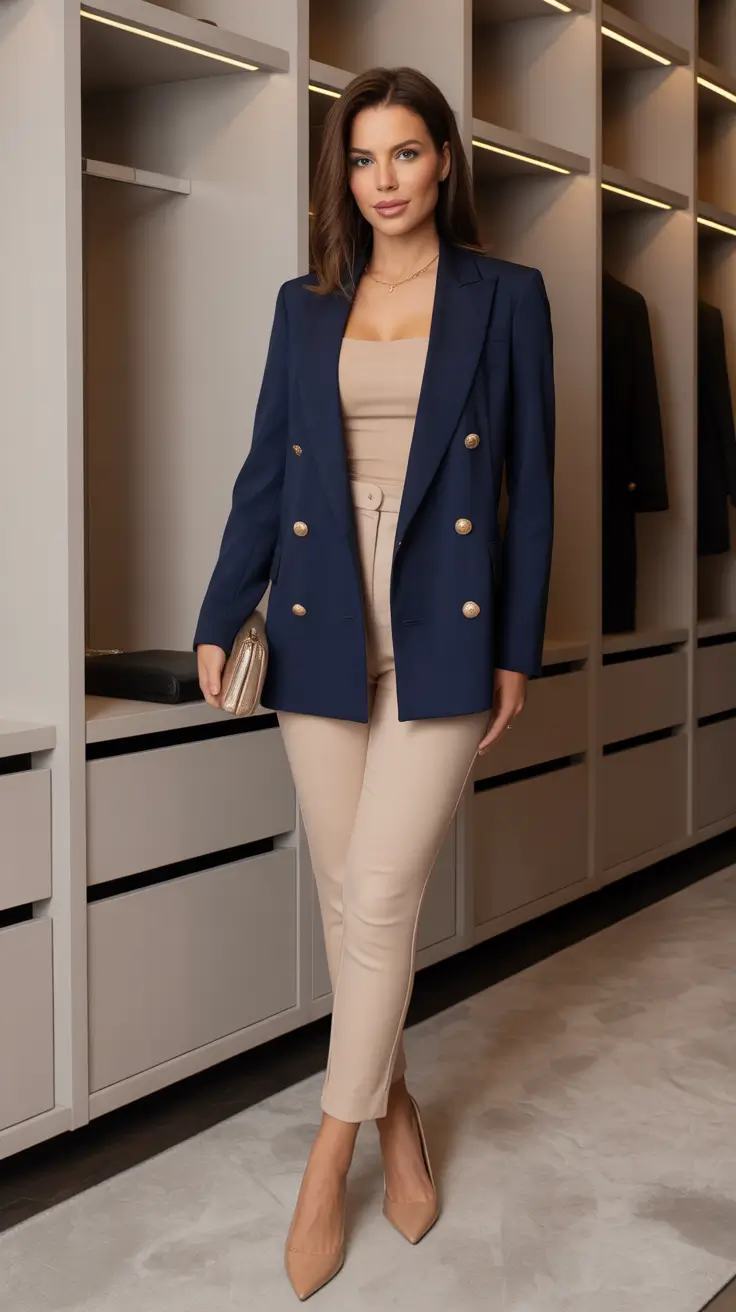 trendy spring blazer outfits 2026 Navy Double Breasted Blazer With Soft Beige Monochrome