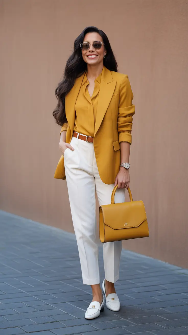 trendy spring blazer outfits 2026 Mustard Blazer And Ivory Pants For Sunny Spring Energy