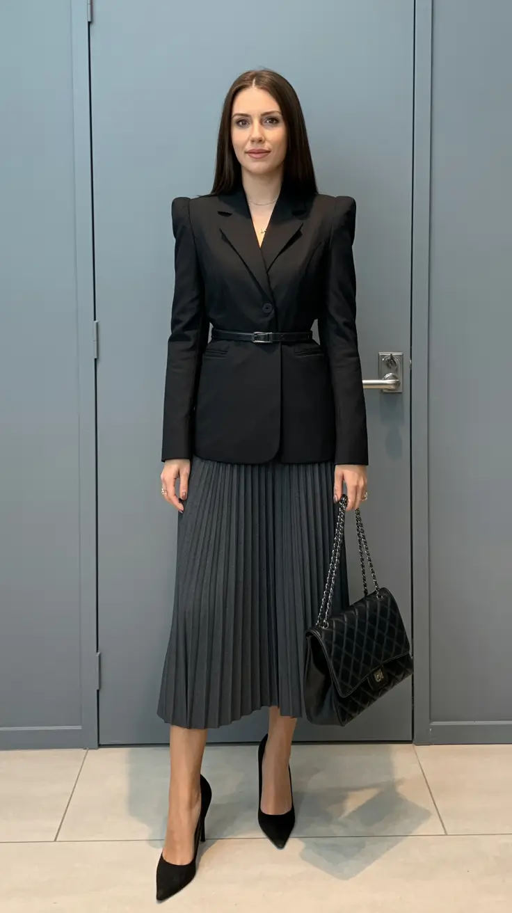 trendy spring blazer outfits 2026 Structured Black Blazer With Pleated Midi For Sleek Minimalism