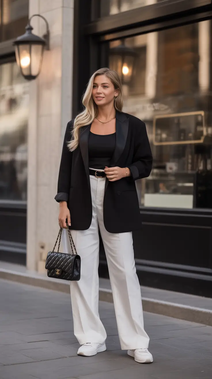 trendy spring blazer outfits 2026 - Black Tuxedo Blazer With Crisp White Pants