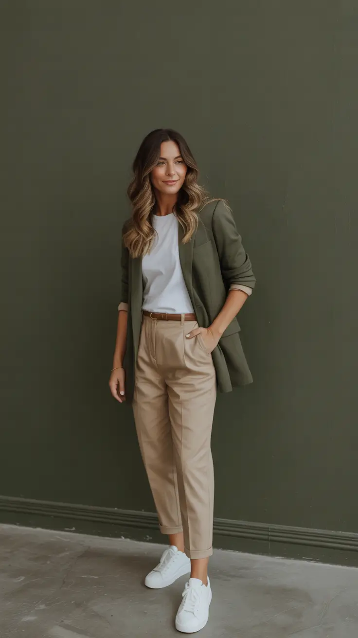 trendy spring blazer outfits 2026 Olive Blazer With Khaki Trousers For Clean Business Casual Energy