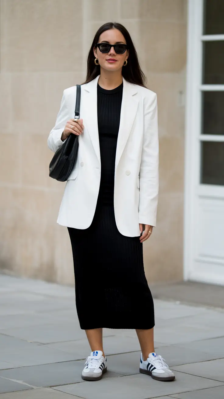 trendy spring blazer outfits 2026 White Blazer Over A Ribbed Midi For Dressy Meets Street-Smart