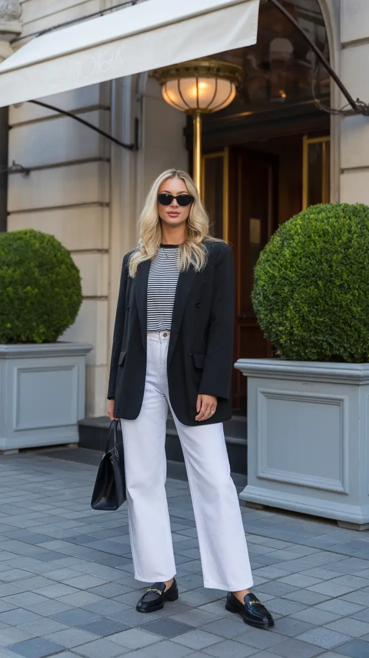 trendy spring blazer outfits 2026 Black Blazer And White Jeans For City Chic Minimalism
