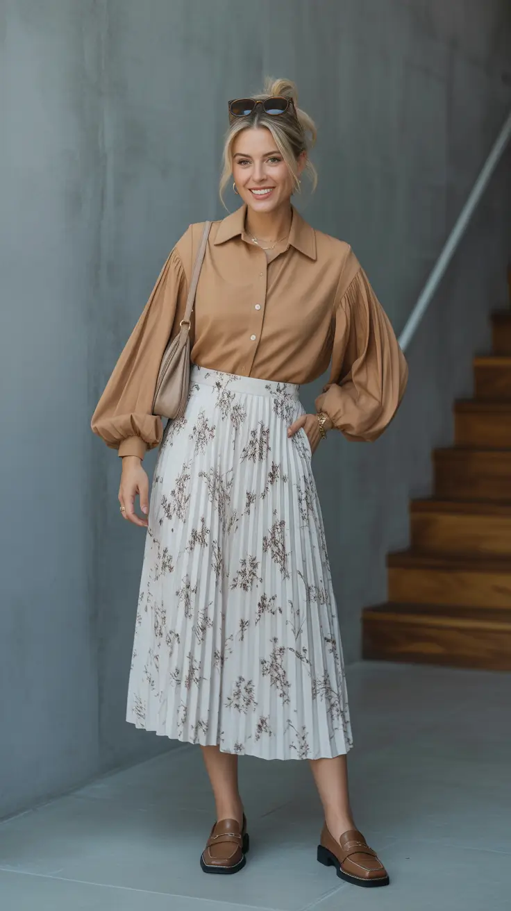 best spring brunch outfit inspo 2026 Camel Blouse With A Breezy Pleated Floral Skirt