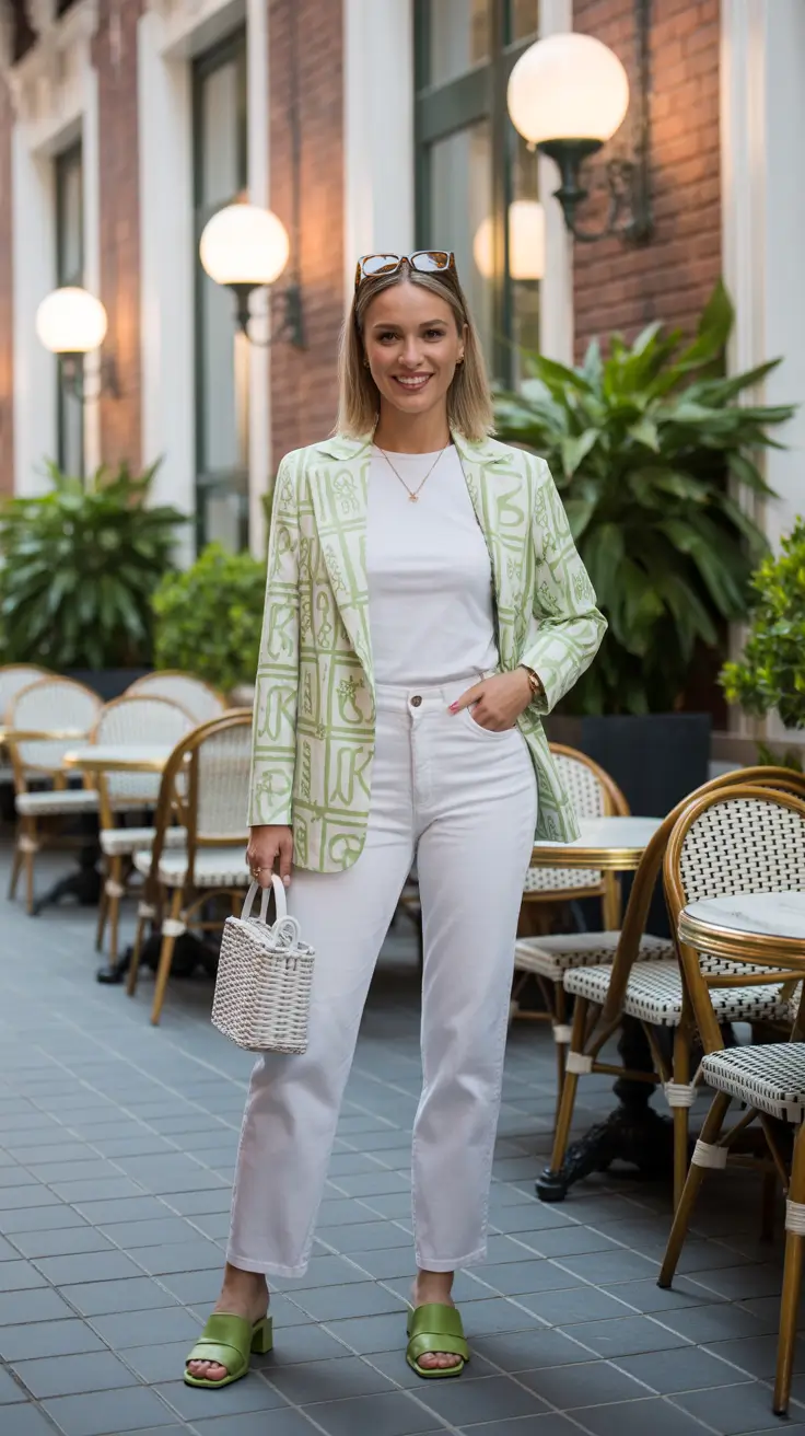 best spring brunch outfit inspo 2026 + Green Pattern Blazer With White Denim And Modern Mules