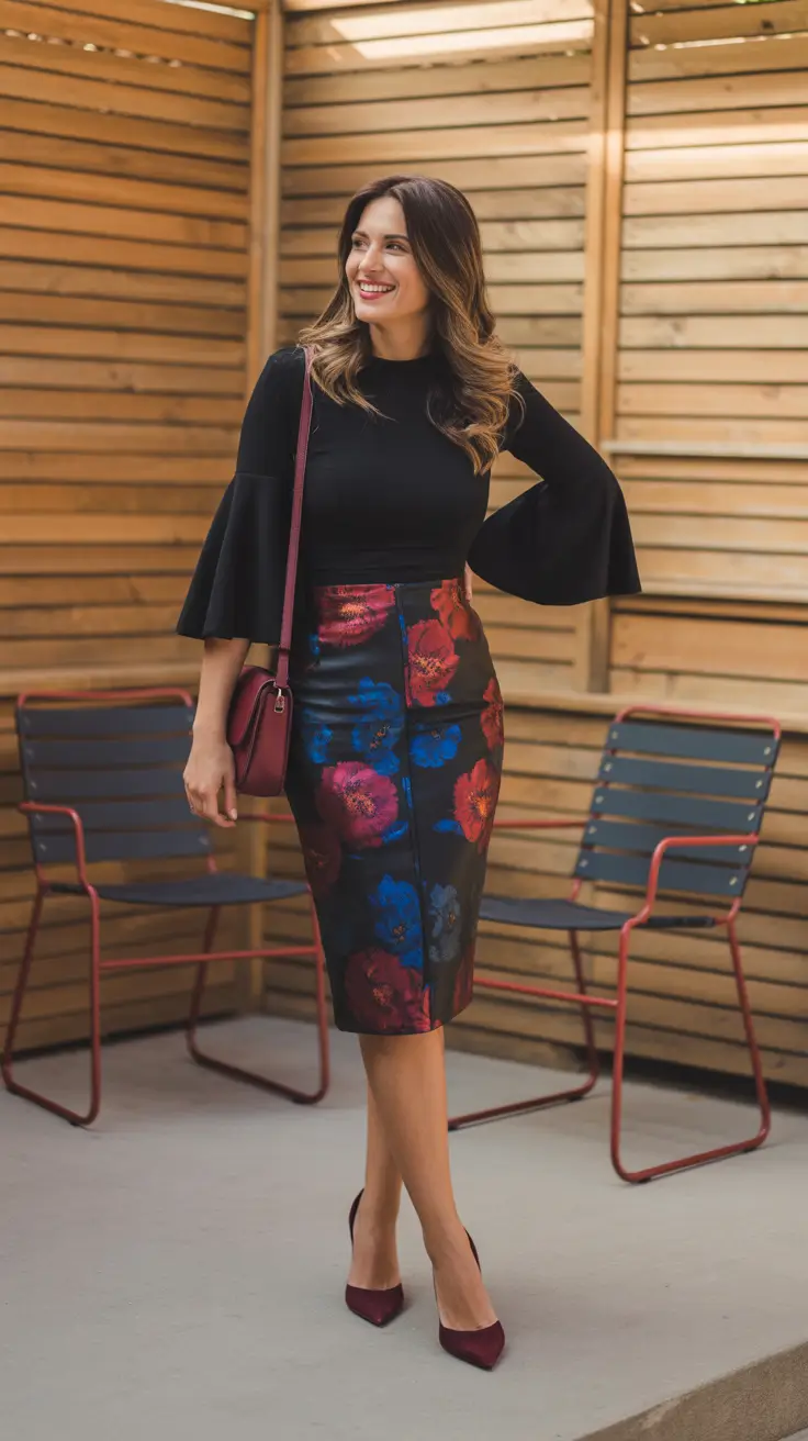 best spring brunch outfit inspo 2026 + Black Bell Sleeves With A Bold Floral Pencil Skirt