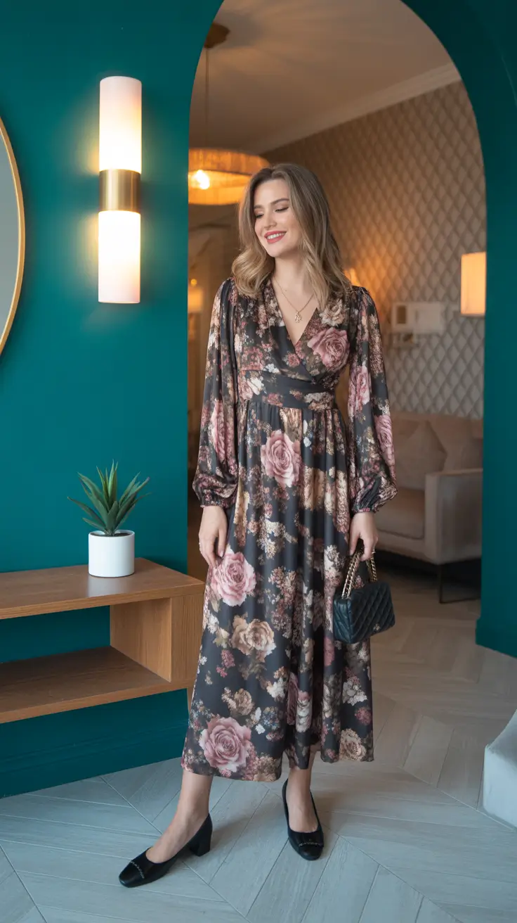 best spring brunch outfit inspo 2026 Moody Florals With A Soft Wrap Silhouette