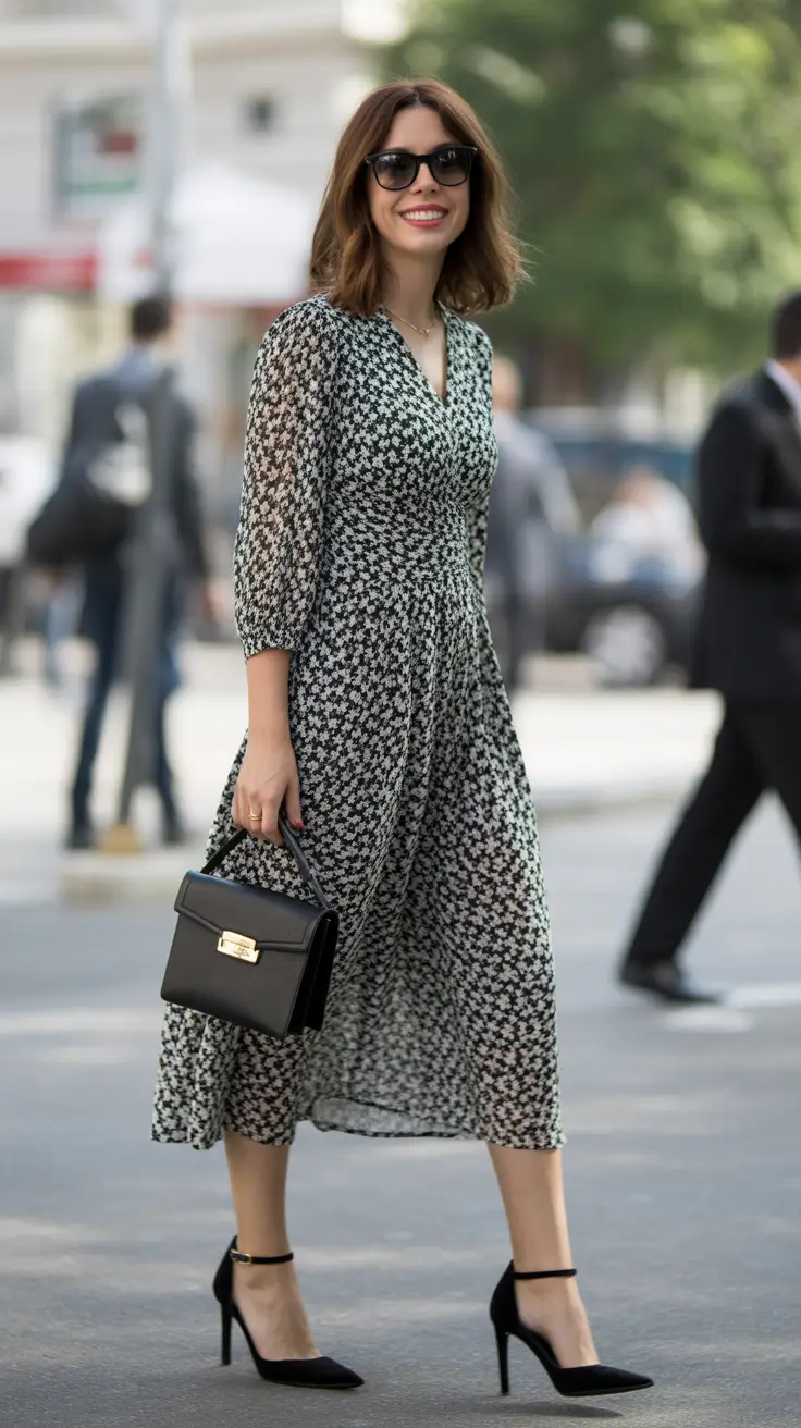 best spring brunch outfit inspo 2026 Micro-Print Wrap Dress With Sharp Heels