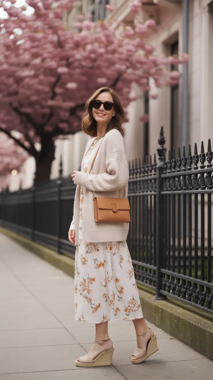 best spring brunch outfit inspo 2026 + Cozy Cardigan Over A Breezy Floral Midi