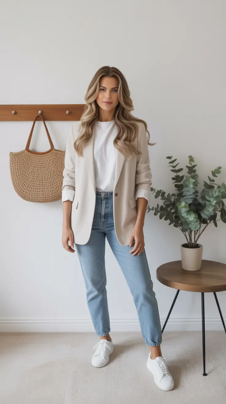 trendy spring capsule wardrobe 2026 - Beige Blazer And Light Denim, The Clean Start