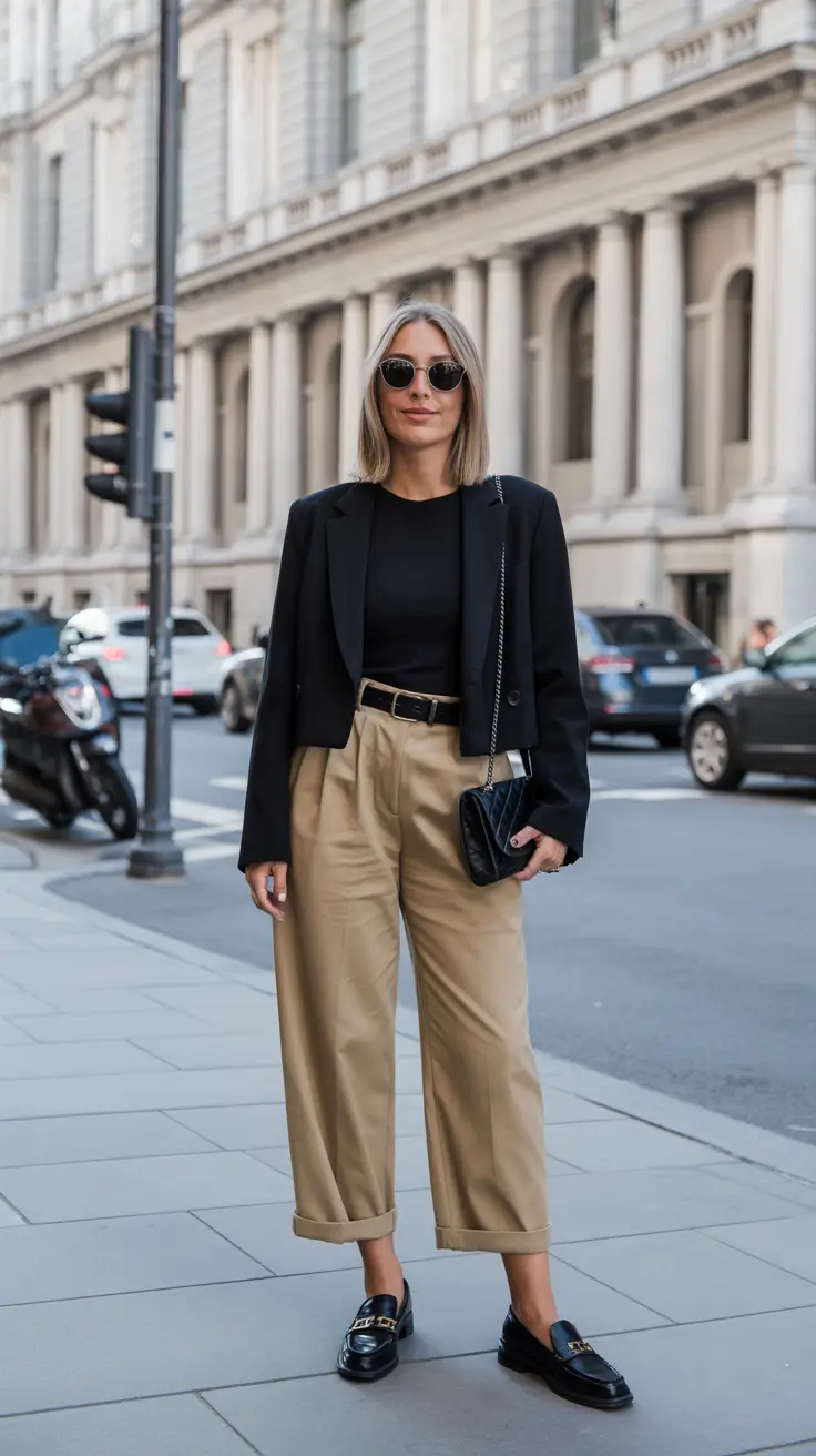 trendy spring capsule wardrobe 2026 - Black Blazer And Khaki Trousers For Polished Street Style