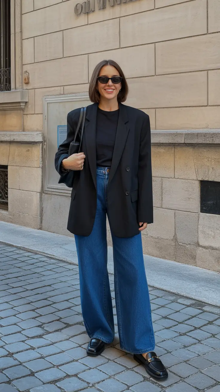 trendy spring capsule wardrobe 2026 - Oversized Blazer And Blue Wide Leg Jeans, Modern Downtown