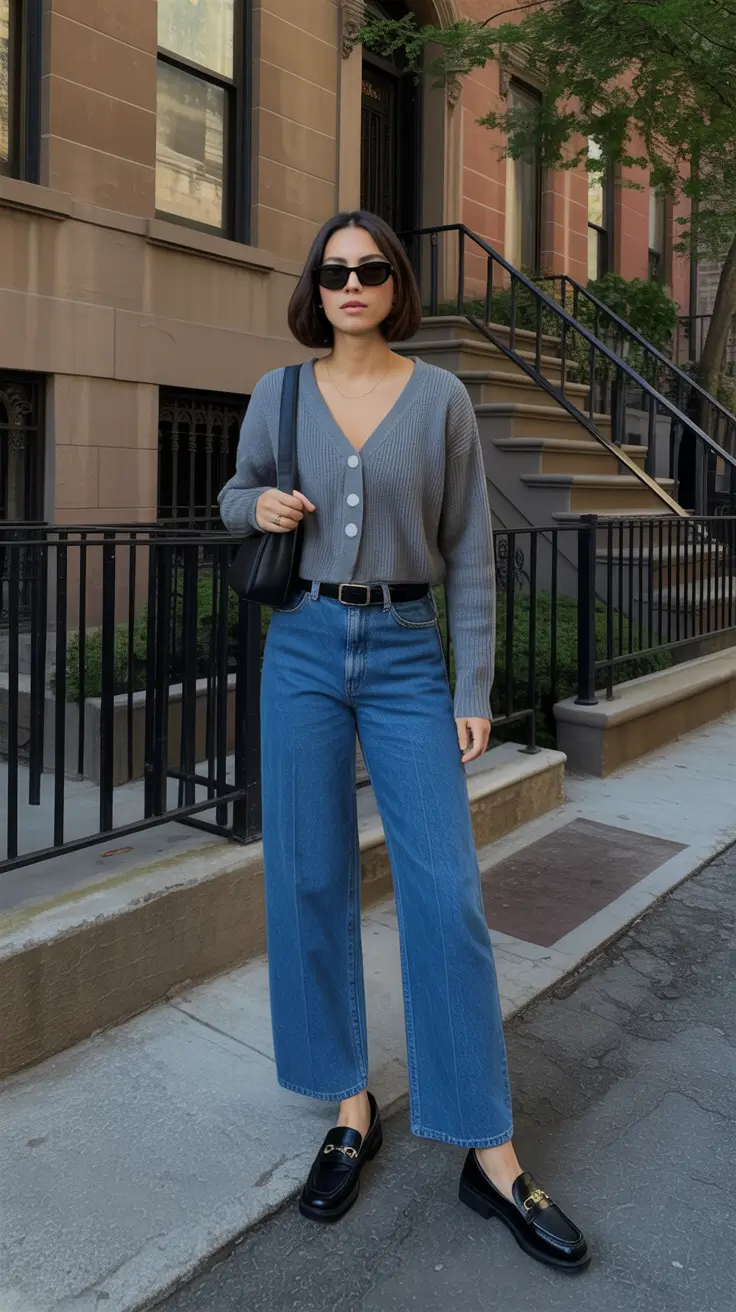 trendy spring capsule wardrobe 2026 - Gray Cardigan And Straight Denim, Soft Spring Uniform