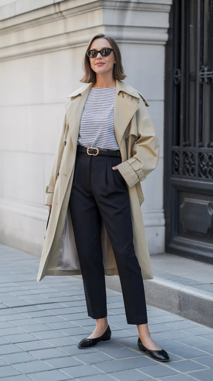trendy spring capsule wardrobe 2026 - Classic Trench And Stripes, Paris Energy On A Tuesday
