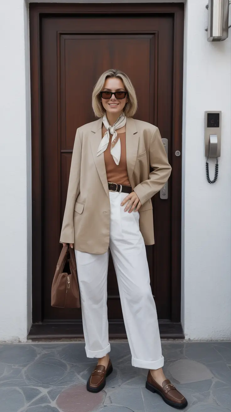 trendy spring capsule wardrobe 2026 - Beige Blazer And White Trousers With A Silk Scarf Twist