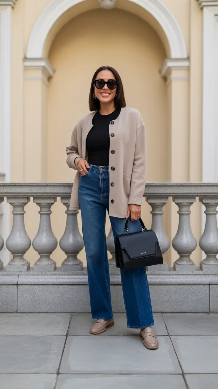 trendy spring capsule wardrobe 2026 - Soft Taupe Cardigan And Dark Denim For Smart Casual Days
