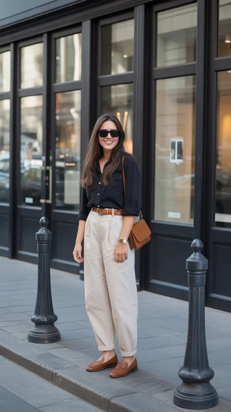 trendy spring capsule wardrobe 2026 - Black Button Down And Cream Trousers, City Polished