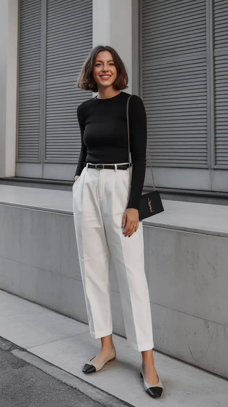 trendy spring capsule wardrobe 2026 - Black Top And White Trousers With A Sleek Evening Edge