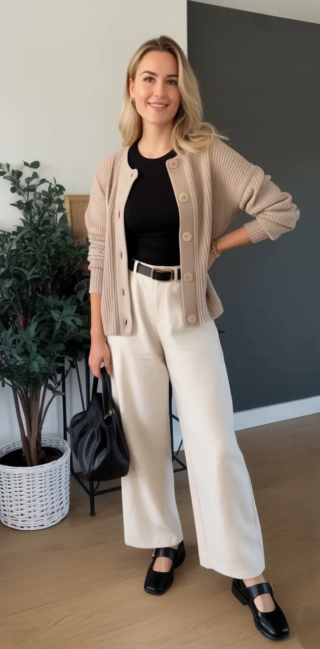 trendy spring capsule wardrobe 2026 - Soft Cardigan And Wide Leg Pants, Cozy Minimal