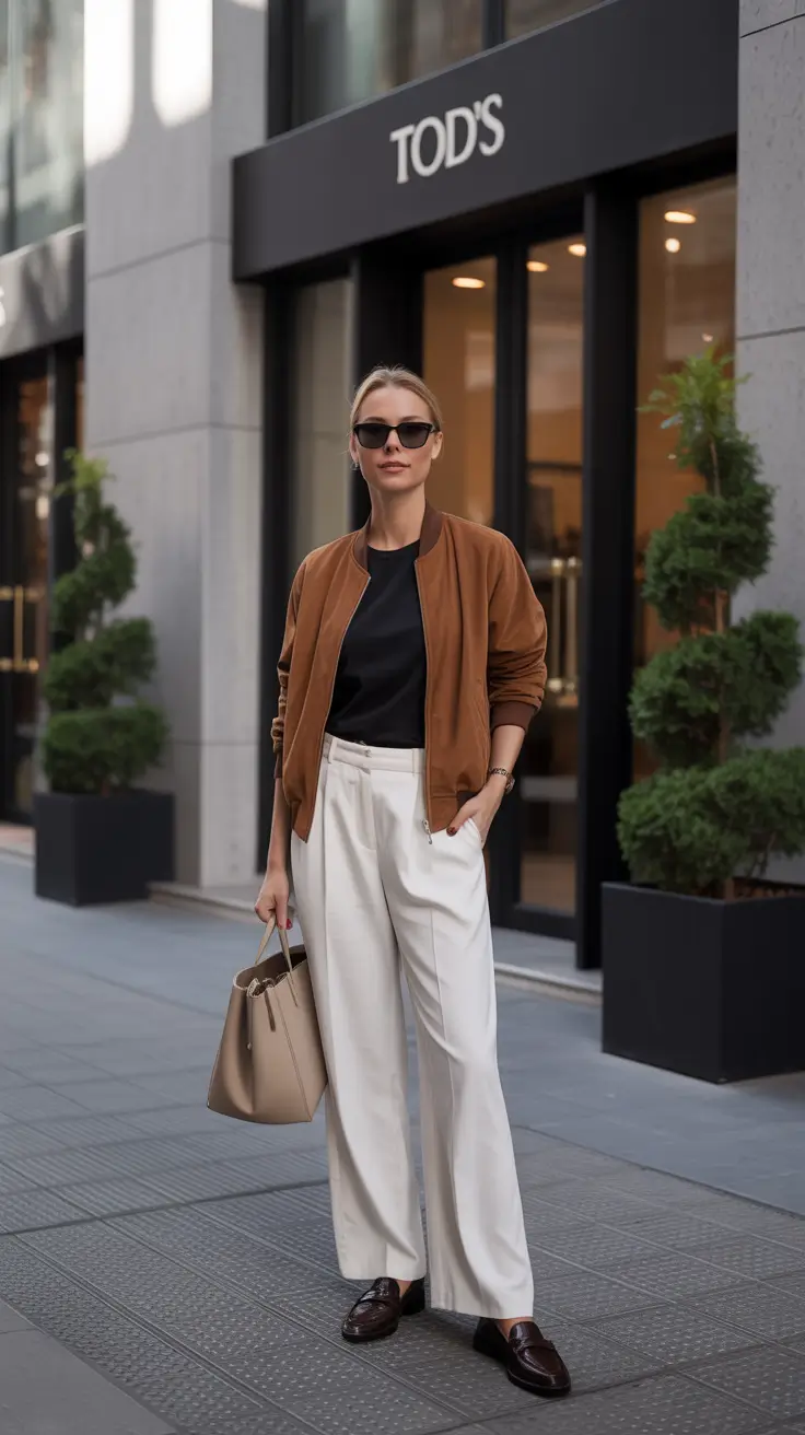 trendy spring capsule wardrobe 2026 - Cognac Bomber And Cream Pants, European Weekend Errands