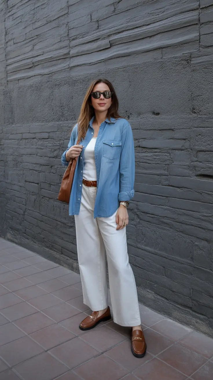 trendy spring capsule wardrobe 2026 - Denim Shirt And Cream Trousers For Easy Spring Days