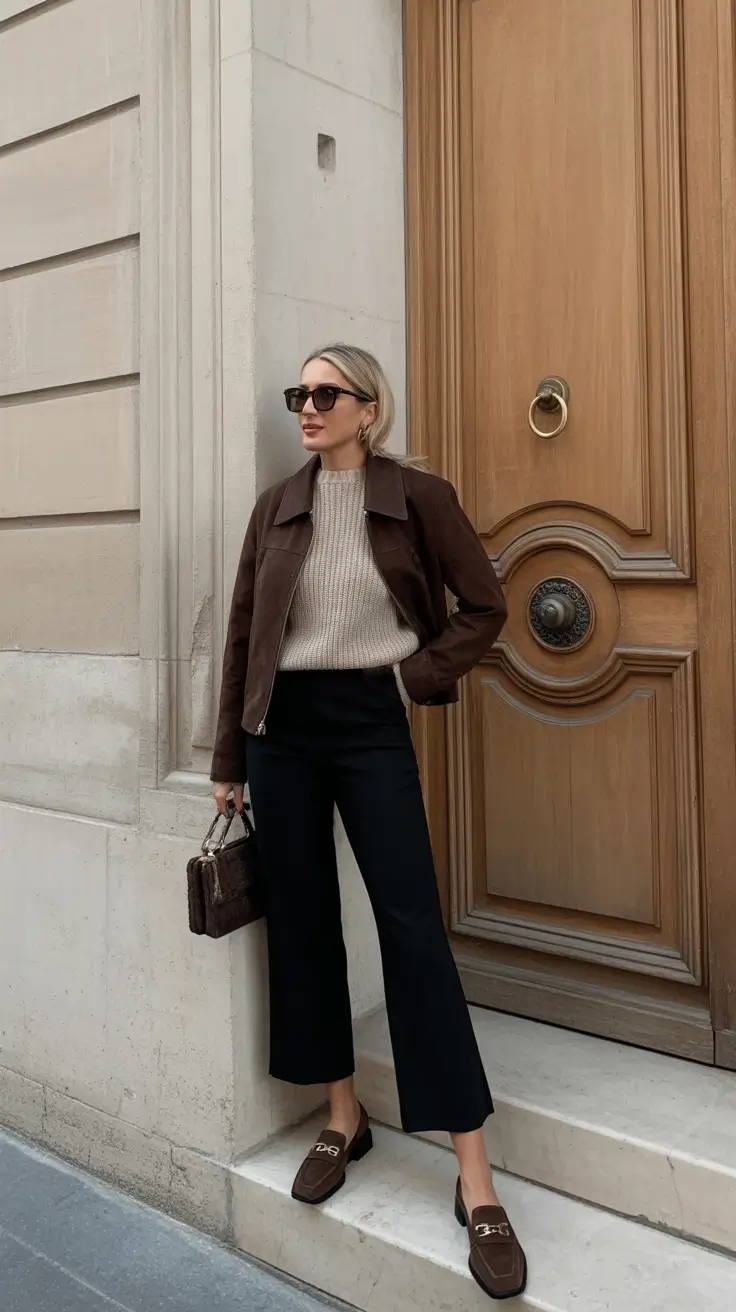 trendy spring capsule wardrobe 2026 - Chocolate Jacket And Cropped Black Pants With City Cool Energy