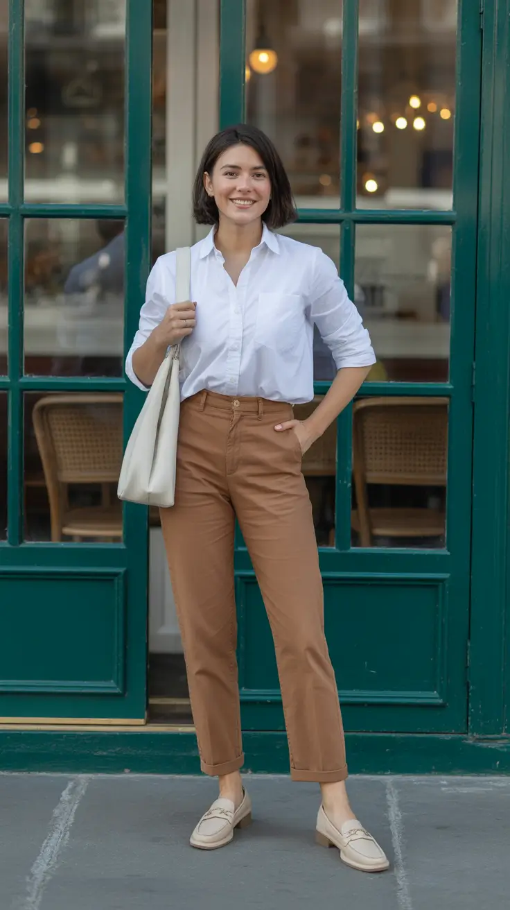 trendy spring capsule wardrobe 2026 - White Shirt And Camel Pants For Crisp Everyday Balance