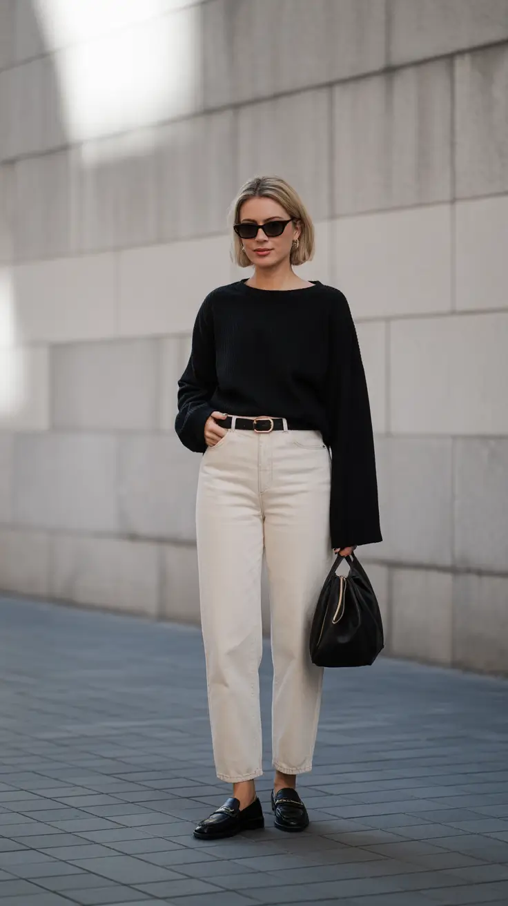 trendy spring capsule wardrobe 2026 - Black Sweater And Cream Jeans For Minimalist Spring Chic