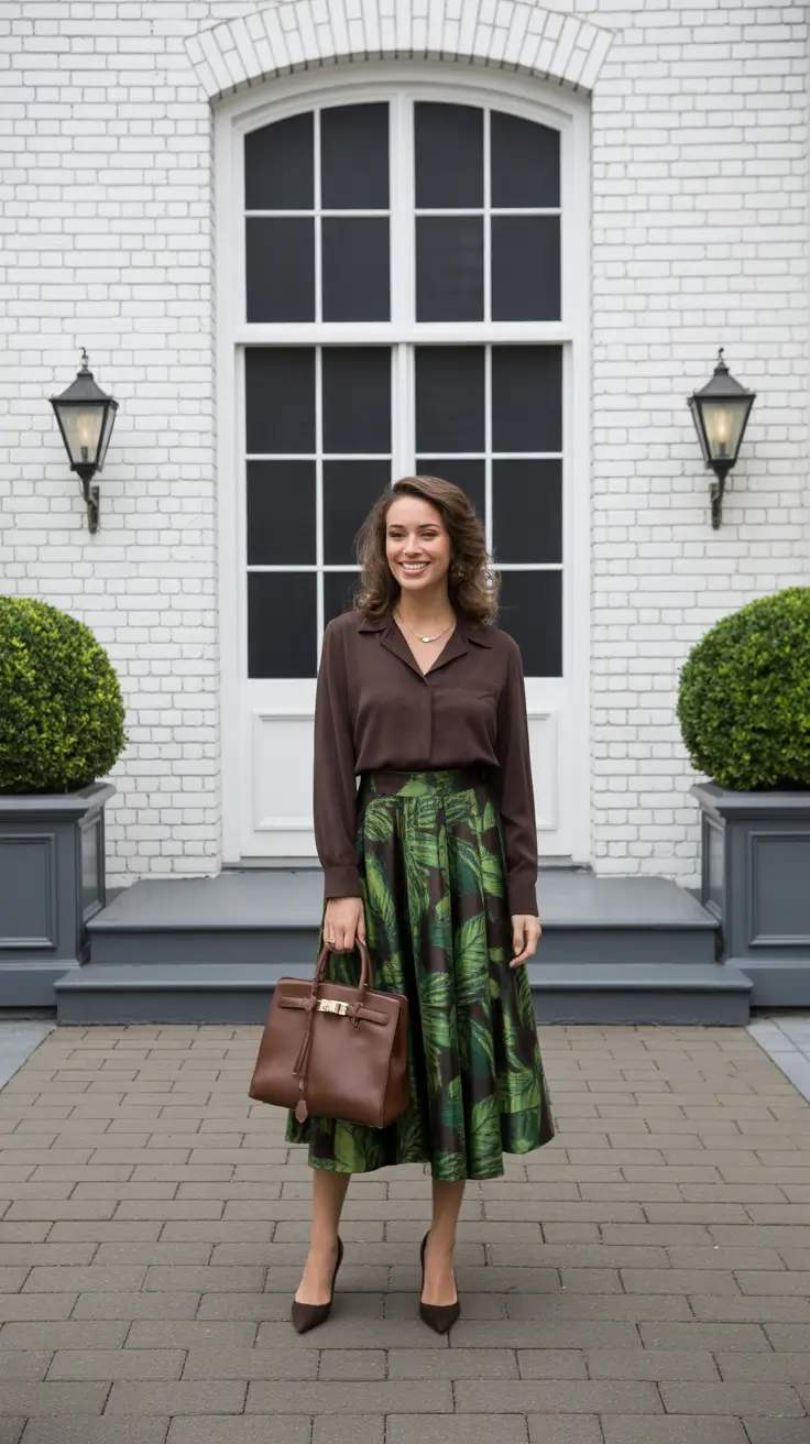 stylish spring church outfits 2026 - Chocolate Blouse And Green Botanical Skirt For A Fresh Classic