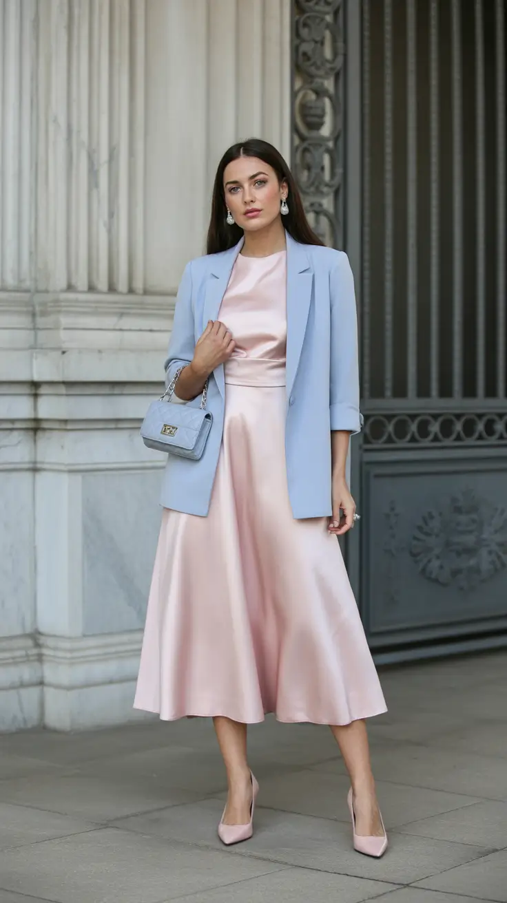 stylish spring church outfits 2026 - Powder Blue Blazer Over A Blush Satin Dress For Modern Grace
