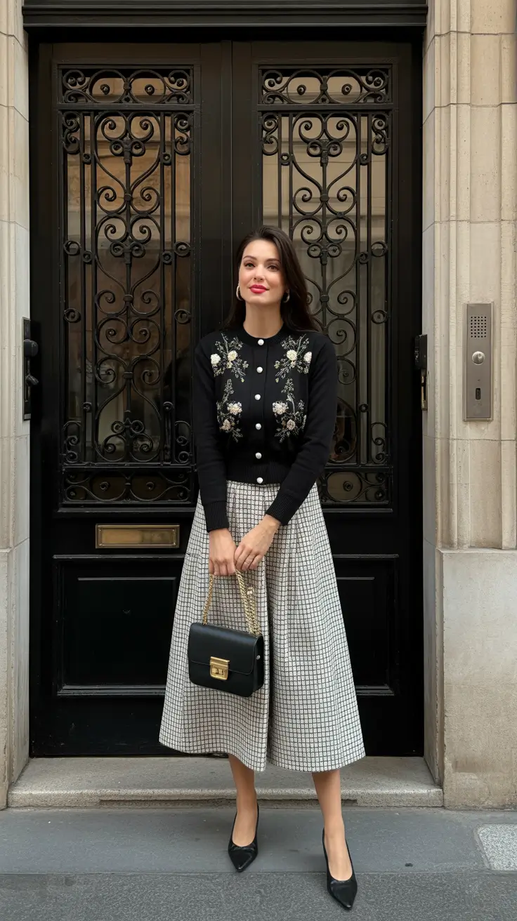 stylish spring church outfits 2026 - Embroidered Black Cardigan With A Checked Midi For Polished Charm