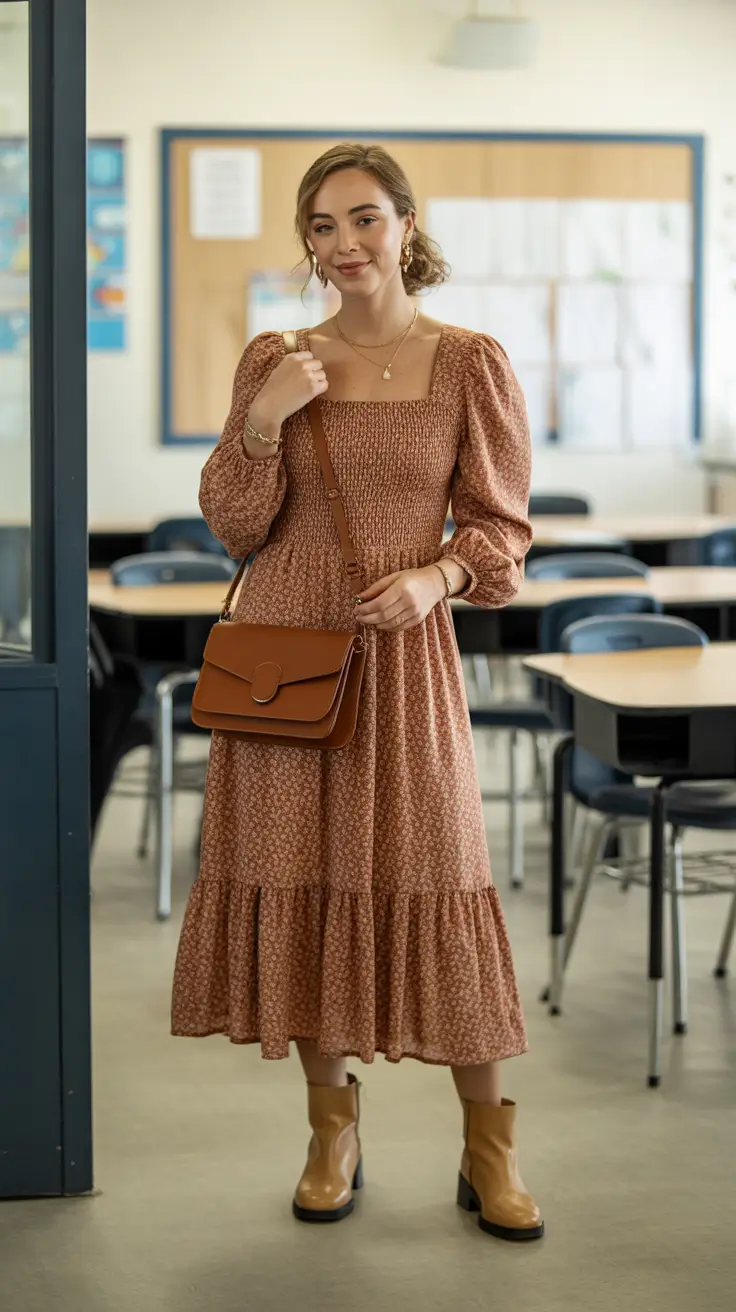 stylish spring church outfits 2026 - Smocked Brown Midi With Boots For Modern Modest Charm
