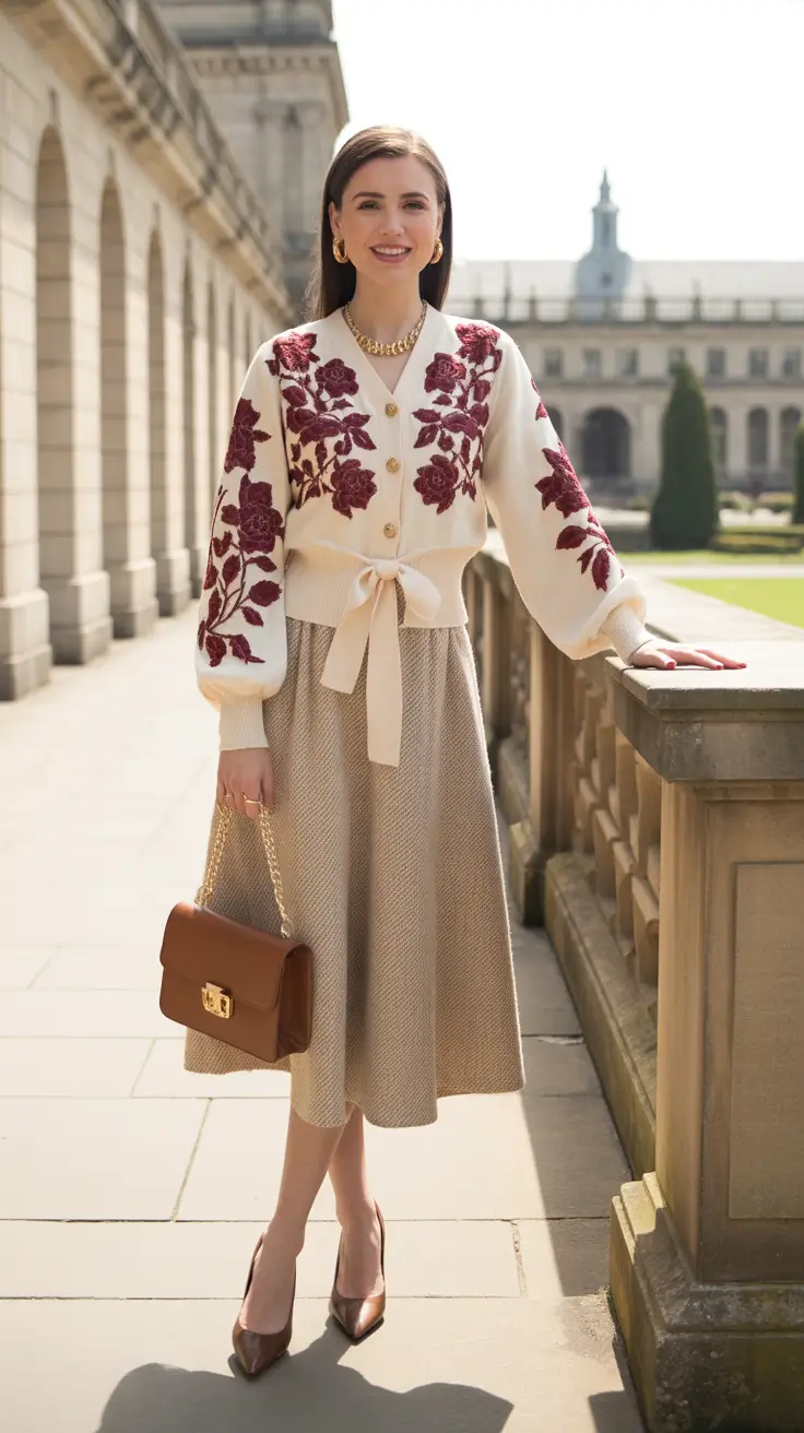 stylish spring church outfits 2026 - Embroidered Cardigan And Midi Skirt For Soft Spring Grace