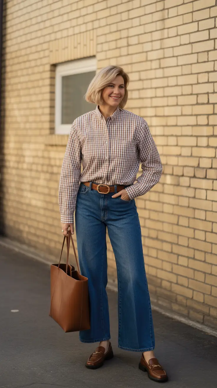 Trendy spring dressing over 50 2026 - Crisp Checked Shirt And Wide Leg Jeans Uniform