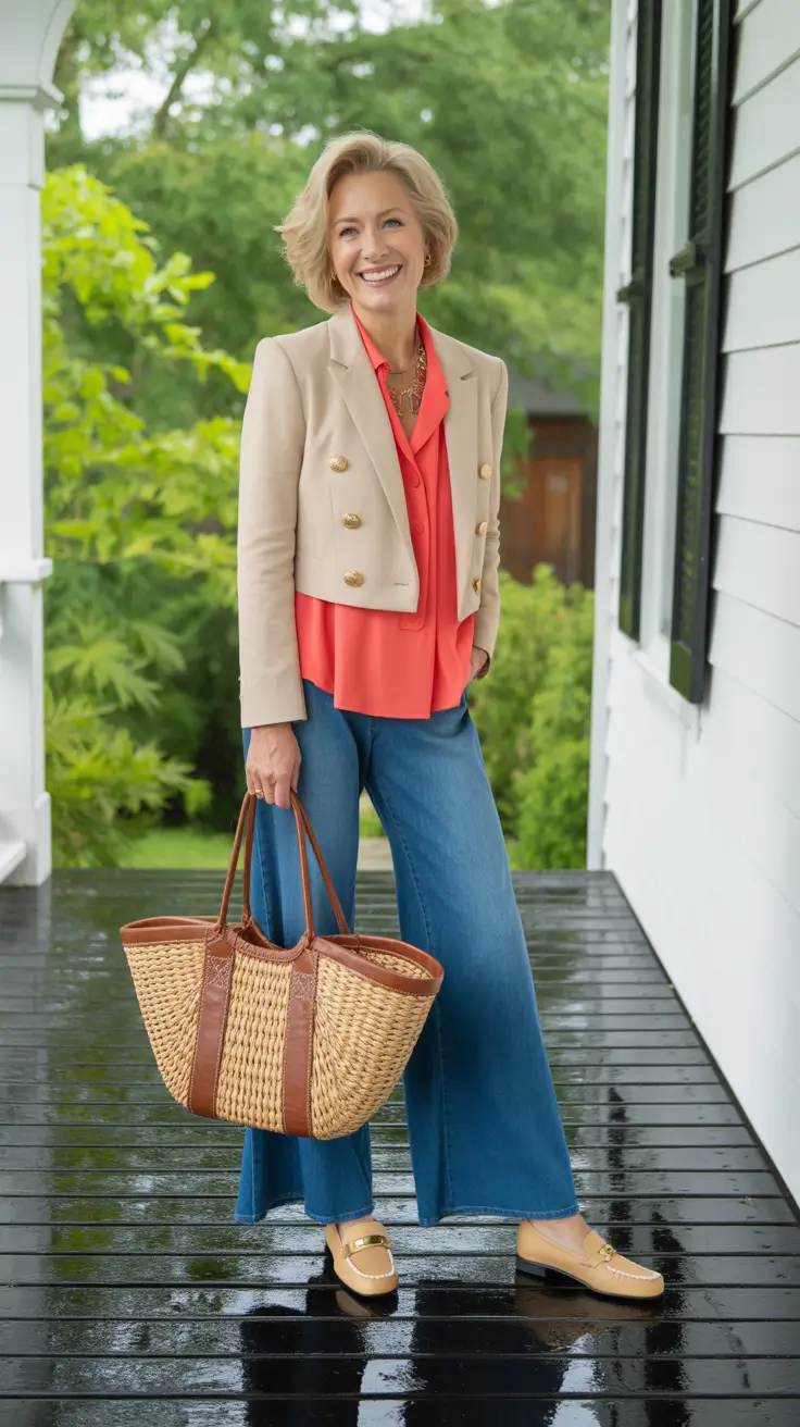 Trendy spring dressing over 50 2026 - Coral Pop Under A Cropped Gold Button Jacket