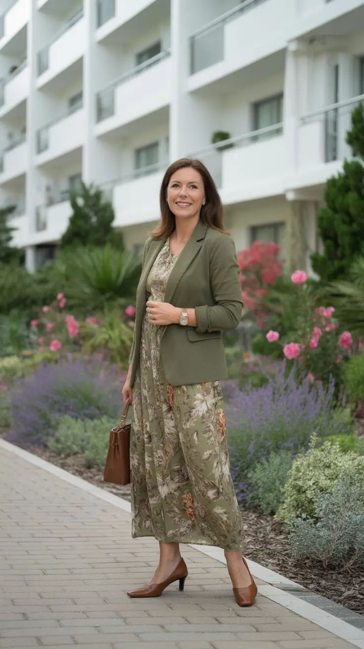 Trendy spring dressing over 50 2026 - Olive Blazer Over A Botanical Maxi Dress