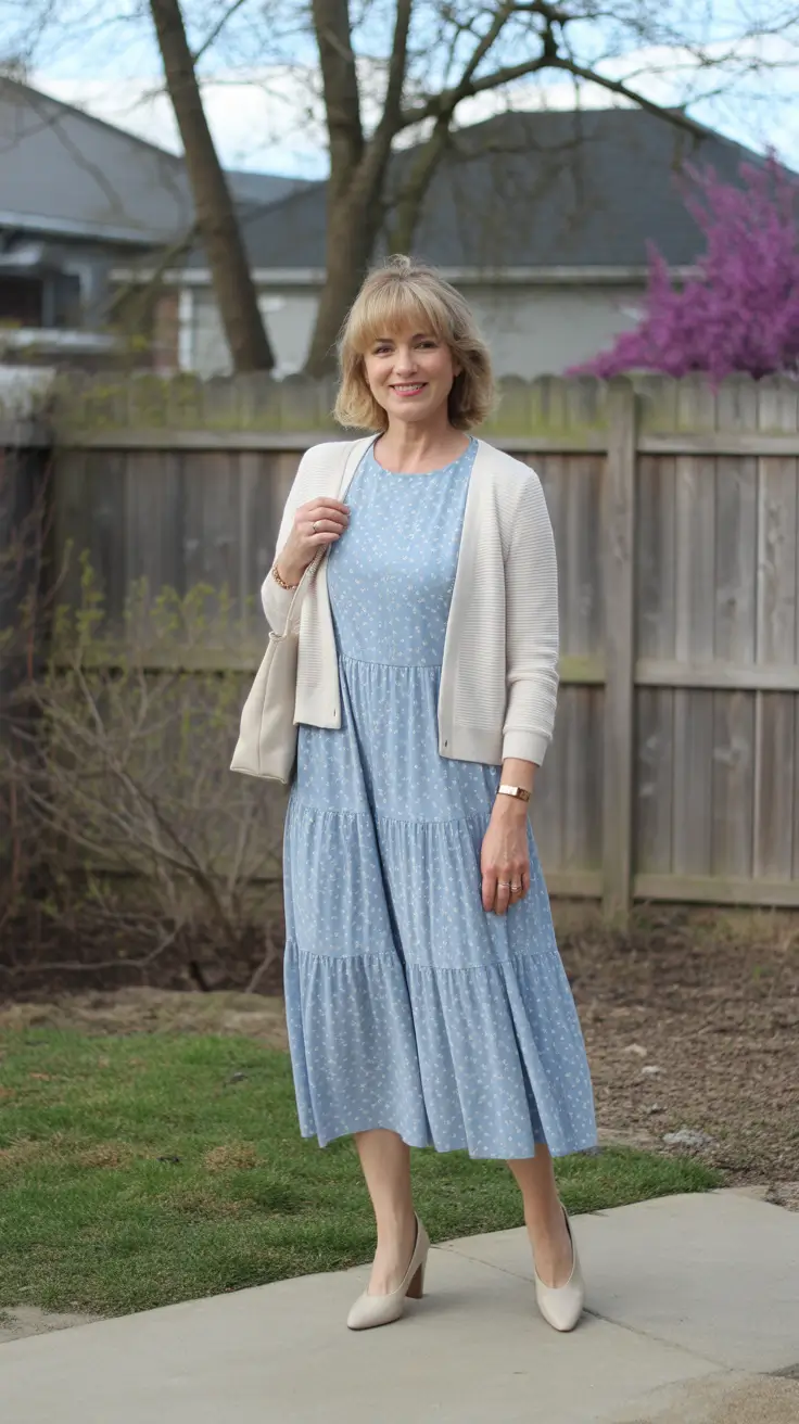 Trendy spring dressing over 50 2026 - Powder Blue Tiered Dress With A Soft Cardigan Layer