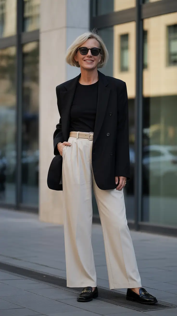 Trendy spring dressing over 50 2026 - Black Blazer And Cream Wide Legs For Modern Minimal Chic