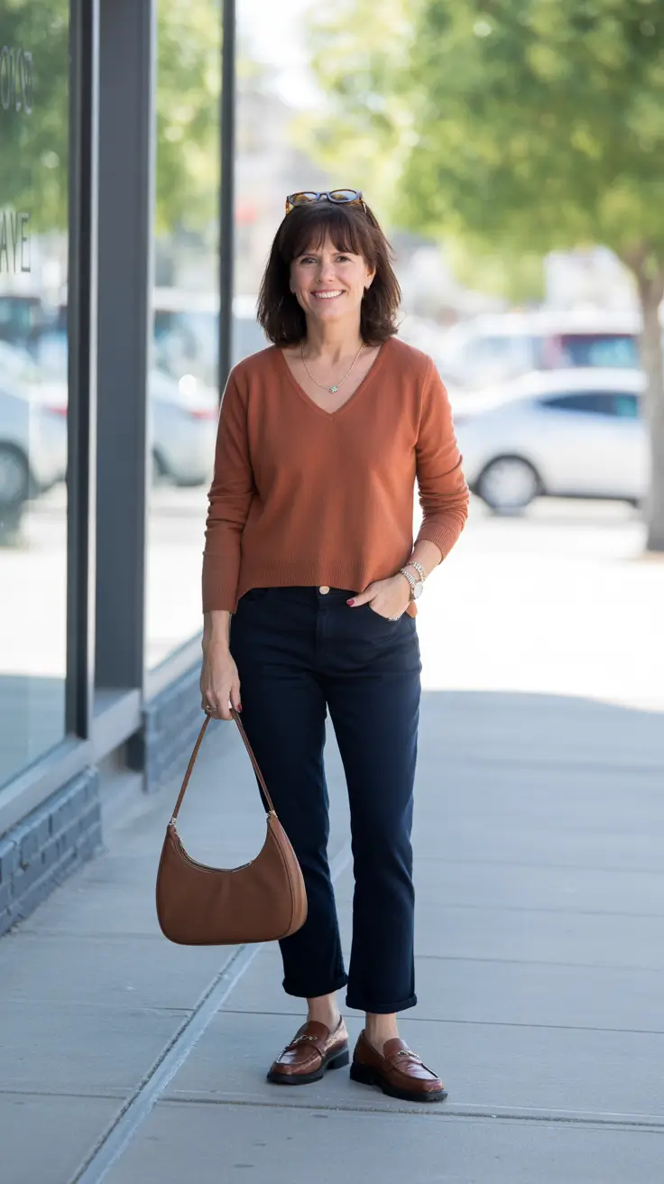 Trendy spring dressing over 50 2026 - Rust Knit And Dark Denim For Casual Cute Everyday Charm