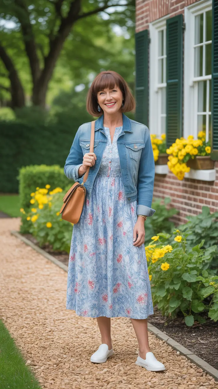 Trendy spring dressing over 50 2026 - Denim Jacket Over A Breezy Floral Midi